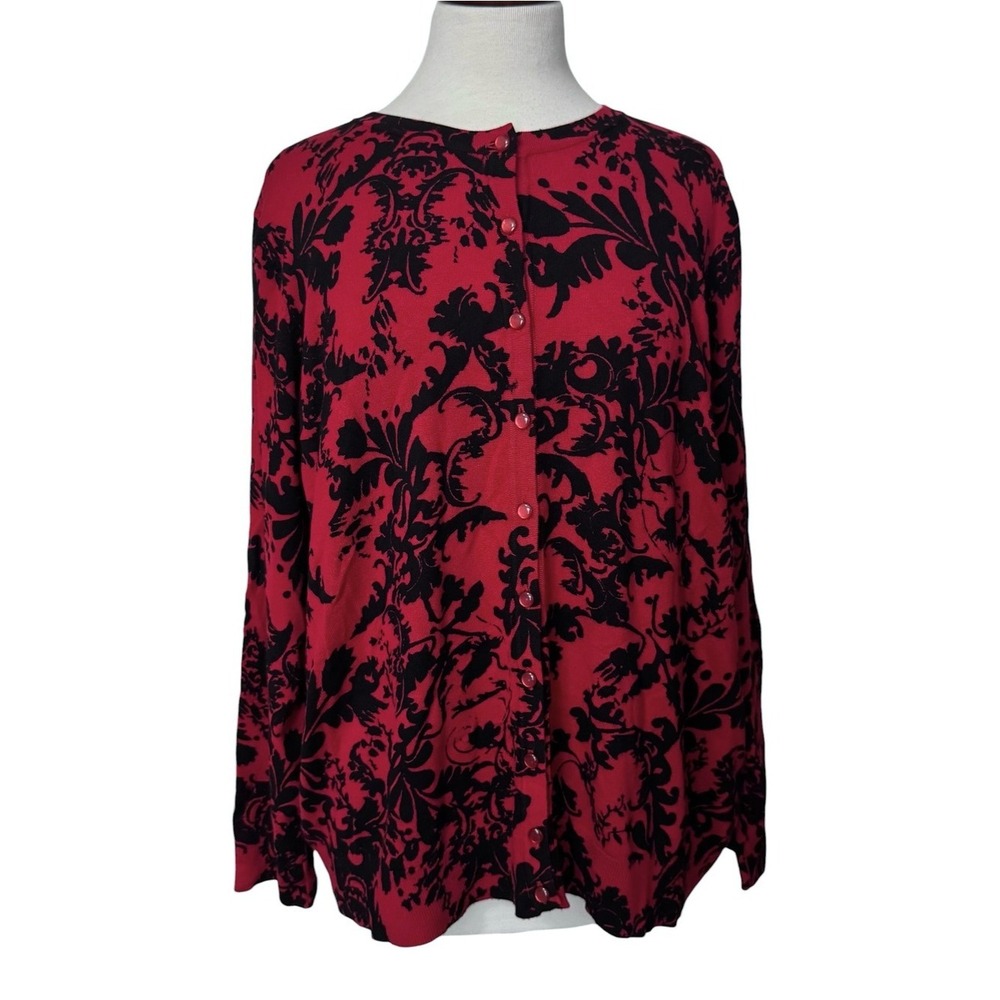 Avenue Plus Size 18/20 Red Black Baroque Floral Button Up Cardigan Sweater
